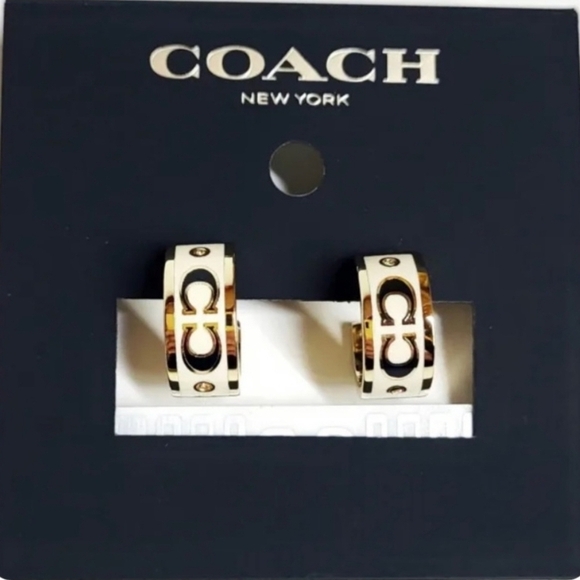 🔹️Coach🔹️ Signature Enamel and Crystal Huggie Earrings Gold White Plated Brass - Picture 3 of 6